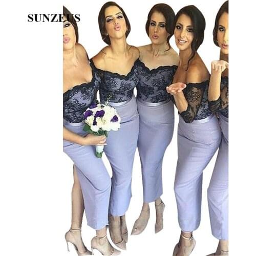 Sheath Ankle Length Bridesmaid Dresses With Black Lace 3/4 Sleeves V-neck Off Shoulder Wedding Party Gowns Women Robe