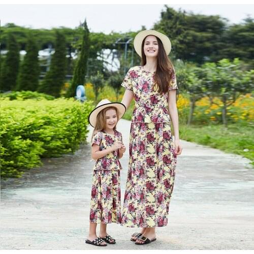 Mother daughter dresses Family matching Clothes Women Kids Girl Floral Print Cute Dress mommy and me clothes T shirt Dress
