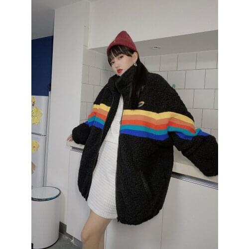 Takagi Harajuku rainbow stitching cashmere coat Korean loose BF windclip cotton thickened cotton suit couple jackets