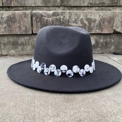 2Size Wool Women Men Black Fedora Hat Acrylic Gems Wide Brim Jazz Church Cap Panama Sun Top Hat