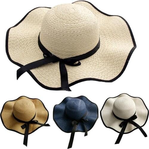 Women Bowknot Straw Weave Wavy Wide Brim Sunscreen Outdoor Beach Sunhat Cap Hat Anti Uv cap girls Sun Hat Panama Hat