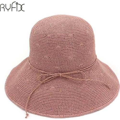 Handmade real raffia weaving style Lampshade shape lady flat bucket Straw hat Outdoor women holiday beach cap HA195