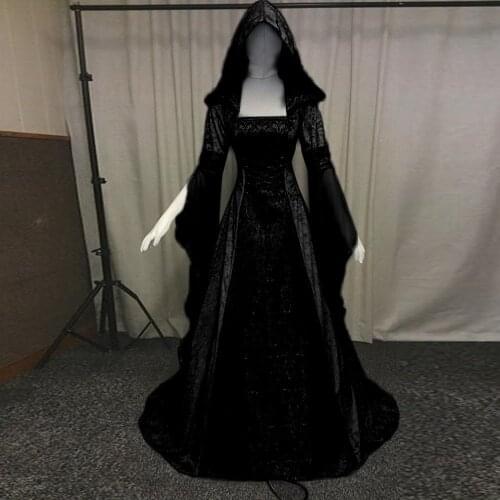 Vintage Gothic Dresses Halloween Renaissance Hooded Medieval Dress Floor Length Cosplay Dress Princess Boho Victorian Dress