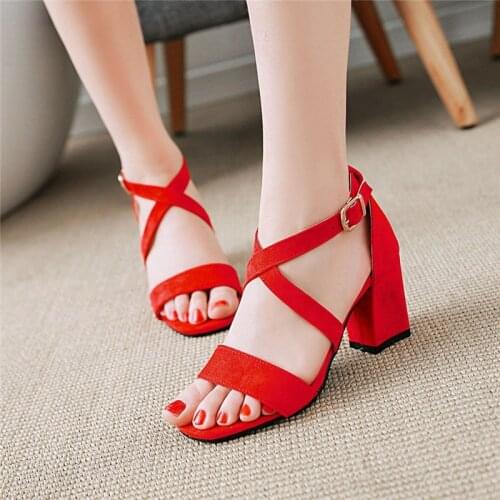YQBTDL New 2020 Cross Strap Block Chunky High Heels Sandals Women Flock Red Pink Gray Cheap Summer Ladies Shoes Daily Leisure