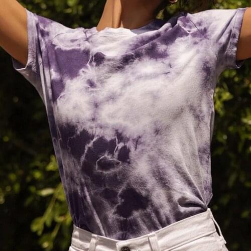Tie-dye Top Round Neck Hot Sales Slim Womens T-shirt Summer Purple Short Sleeve Casual Harajuku Style Tops Tee Streetwear 2021