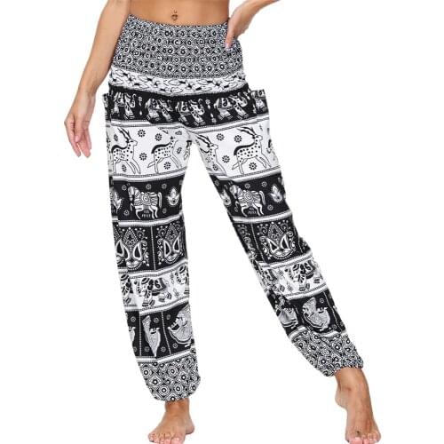 Womens Smocked Waist Bohemia Yoga Pants,With 2Pockets Hippie Boho Sports Harem Pants Palazzo Pants