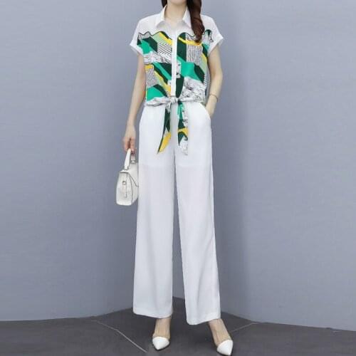 Summer Chiffon Short-Sleeve Print Shirts Blouse Tops & Elastic Waist Wide Leg Pants 2 Pieces Set Women Fashion Casual Outfits