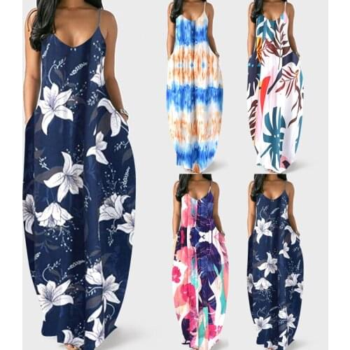 Lily Print Long Maxi Dress Sleeveless Women Summer Sexy V-Neck Dark Blue Strappy Dress Open Back 2XL 3XL Vestido De Verano