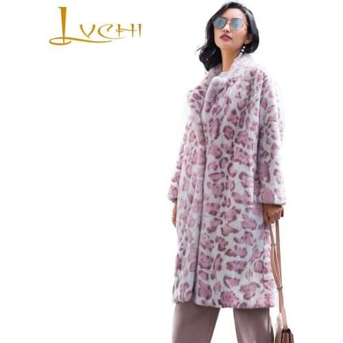 LVCHI Winter 2019 Turn Down Collar Real Mink Fur Coat Womens Long Sleeve Print Leopard Coat Long Colorful Slim Thick Mink Coats