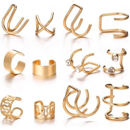 12Pcs/Set Ear Cuff Gold Leaves Non-Piercing Ear Clips Fake Cartilage Earrings Clip Earrings for Women Men Wholesale Jewelry Gift