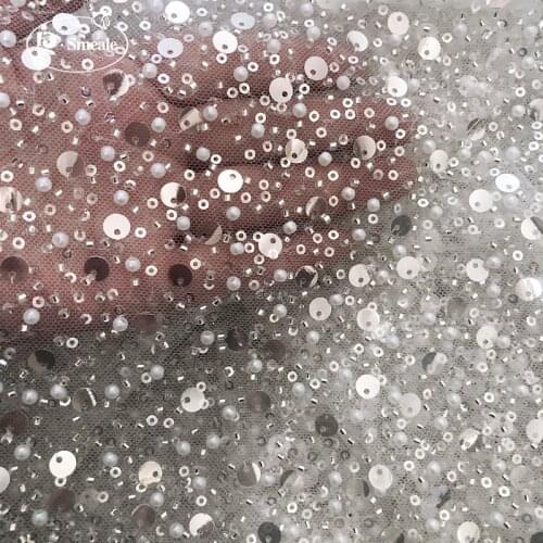 2020 New Beads Sequins Pearl Lace Fabric Luxury Evening Dress French Lace silver White RS2959