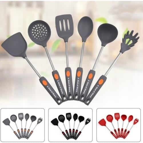 6pcs/Set Kitchenware Stainless Steel Silicone Durable High Temperature Resistant Spatula Spoon Noodles Catcher Cooking Tools Set