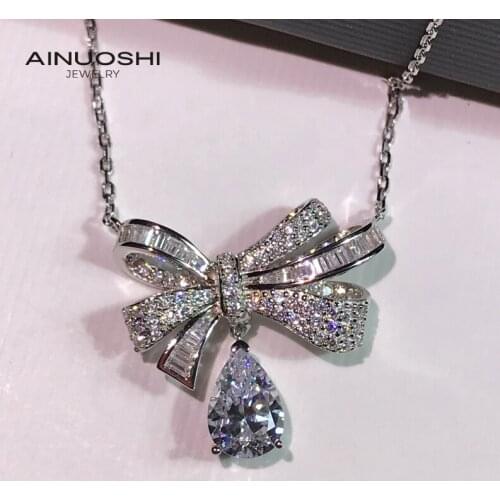 AINUOSHI Classic Pear-shaped Cut Simulated SONA Diamond Bowknot Necklace For Women 925 Silver Surprise Party Gifts