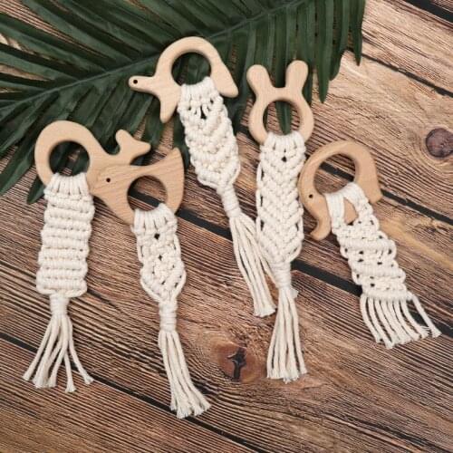Wooden Woodland Animal Macrame Natural Cotton Baby Teether Wood Dolphin Elephant Bird Boho Teething Toy
