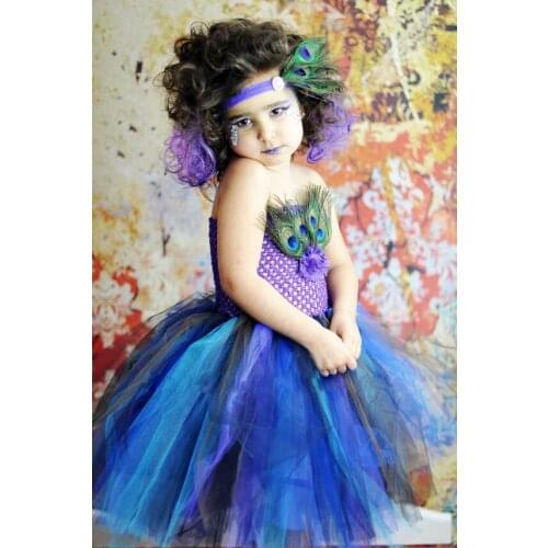 Little Girls Peacock Feather Tutu Dresses Kids Crochet 2Layers Tulle Tutus with Flower Headband Children Birthday Party Dress