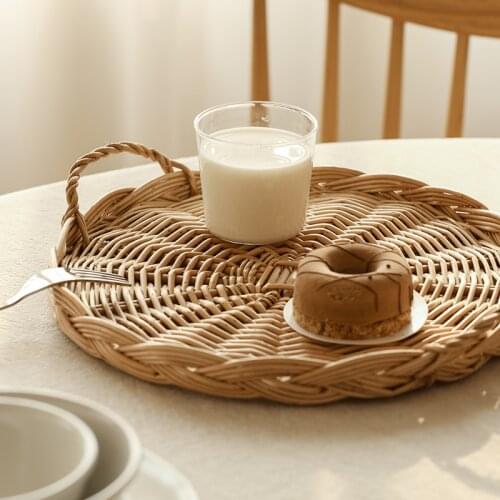 Rattan Storage Tray Handmade Wicker Weaving Fruit Snacks Bread Plate Round Display Kitchen Storage Tray Japanese Style Tableware