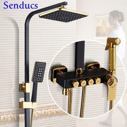 Bathroom Renovation Smart Shower System Four Functions Wall Mounted Gold Knob Thermostatic Hot Cold Black Bathroom Shower Set