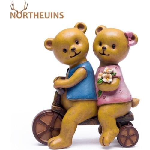 NORTHEUINS Resin Cute Bear Bicycle Figurines Modern Nordic Home Decoration Accessories Study Desktop Ornament Statue Gift Friend