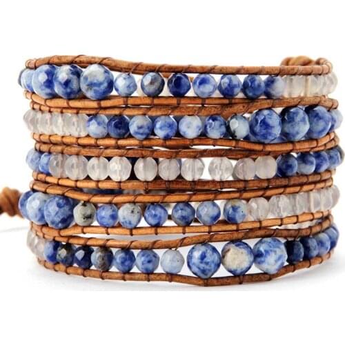 Graduated Faceted Brazilian Sodalite Onyx Leather Wrap Bracelet Weaving Multilayers Statemen Bracelet Gifts Dropshipping