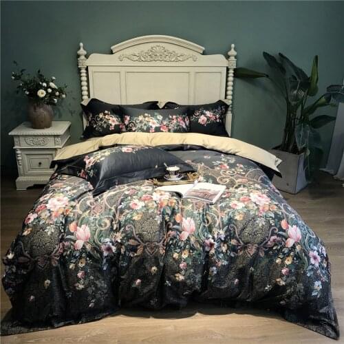 Luxury Black Floral printed Egyptian cotton Bedding sets Queen King Pastoral Duvet cover Bed sheet set Pillowcases 4pcs 14 color
