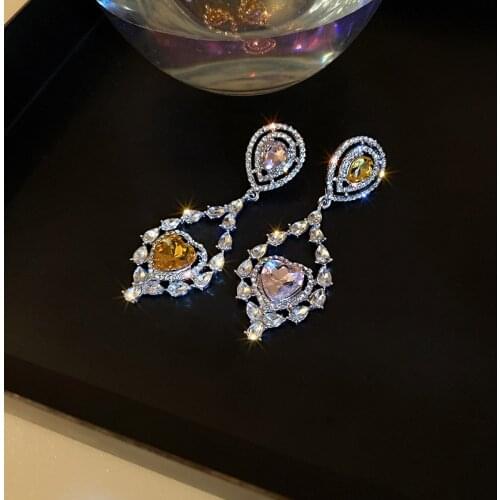 Korean Fashion Luxury Pink Color Crystal Heart Drop Earrings For Women Girls Shining Rhinestone Pendientes Party Jewelry