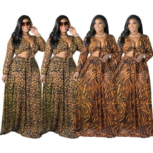 Leopard Print Sexy Women Clubwear Two Pieces V-neck Lace-up Crop Tops Floor-length A-line Skirts Ladys Plus Size Summer Sets