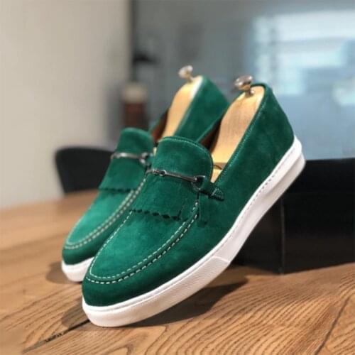 Mens Solid Color Suede Classic Fringed Metal Stitching Round Toe Flat Heel Comfortable Fashion Casual All-match Loafers