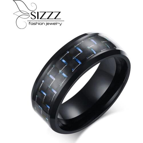 SIZZZ Carbon Fiber Simple Men Ring 8mm Stainless Steel 3 Colors Rings Jewelry