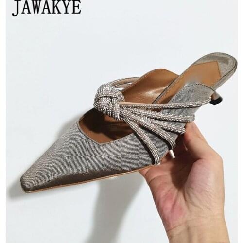Women Party Slides High-heeled Crystal Runway Slippers Pointy Diamond Knotted Summer Mules Sexy Shallow Kitten Heel Women Shoes