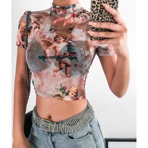 European and American angel print sexy see-through short-sleeved T-shirt women Slim high-neck top beach sunscreen short-sleeved