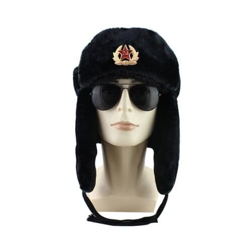 Soviet Army Military Badge Russia Ushanka Bomber Hats Pilot Trapper trooper Hat Winter Faux Rabbit Fur Earflap Men Snow Caps