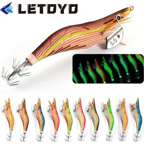 LETOYO Luminous Jigs Lure Fishing Shrimp Lures Noctilucent Wood Shrimp Baits With Squid Hook For Cuttlefish Sea Fishing Tackle
