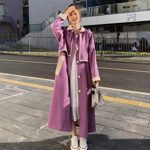 Womens Windbreaker Coat2021Spring Autumn New Violet Stitching Long Korean Loose Fashion Lapel Single-Breasted Jacket Female36X