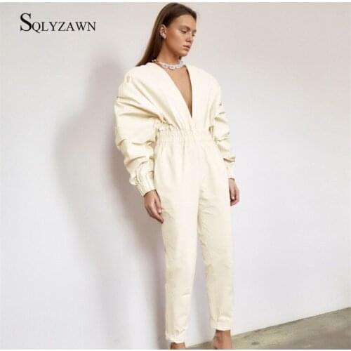 2020 Fall Winter Jumpsuit for Woman Deep V-Neck Pleated Puff Long Sleeve Temperament Commute Casual corest jumpsuit Suit Female