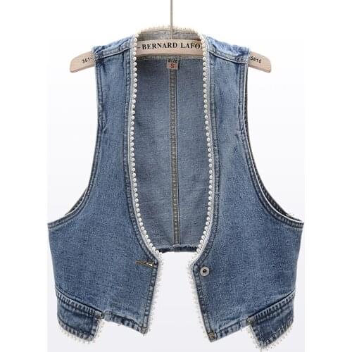 Plus Size Beaded Sleeveless Denim Vest Women Short Waistcoat Jacket 2021 New Spring Korean Basic Coat Outerwear Female 3XL