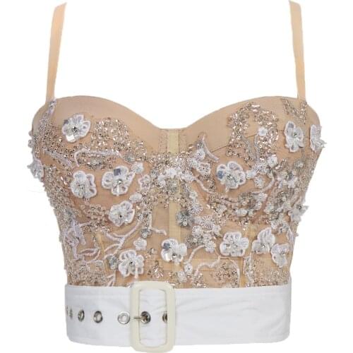 Summer Cropped Sexy Corset Tops Women Lace Beading Sashes Crop Top To Wear Out Night Club Performance Camis With Built In Bra