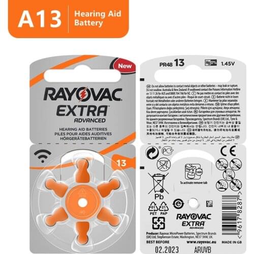 60 PCS Rayovac Extra High Performance Hearing Aid Batteries. Zinc Air 13/P13/PR48 Battery for BTE Hearing aids Free Shipping