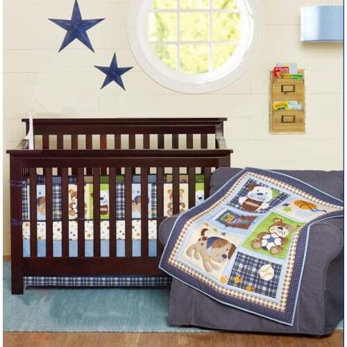 8PCS embroidery baby cotton crib bedding set Applique bed around kit berco (4bumper+duvet+bed cover+bed skirt+diaper bag)