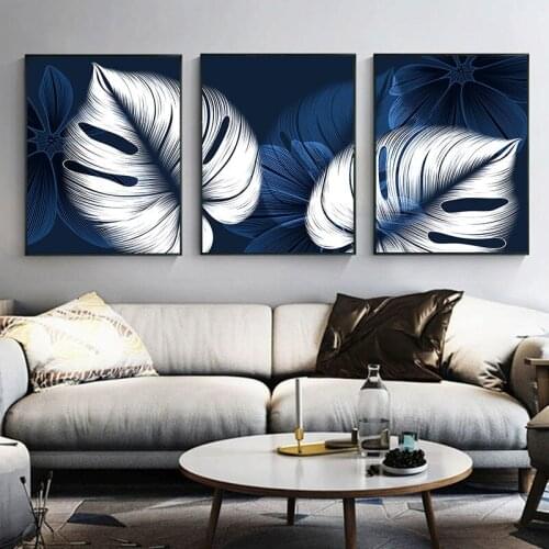 Plant Leaf Abstract Canvas Art Painting Print Nordic Blue Black Monstera Poster Wall Picture For Living Room Home Decor TB178