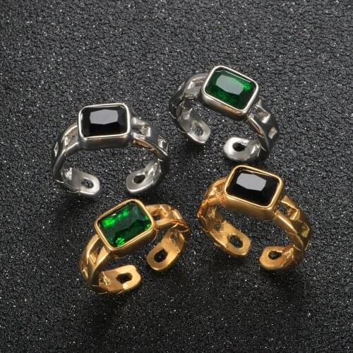 Black/Green Square CZ Crystal Opening Statement Ring Hollow Braid Gold Plated Chain Ring For Women Fashion Wedding Jewelry Gifts