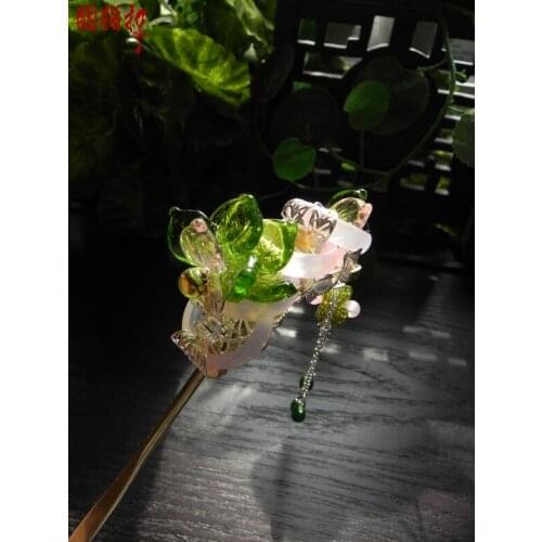 Colored glaze classical hair stick costume hair accessory hairpin Mirror Flower Green Lotus Flower Pink Crystal Hair Stick