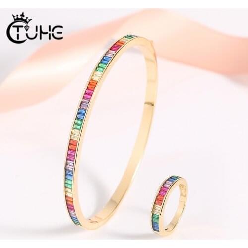 CZ Tennis Bangle Rings for Women Gold Color Rainbow CZ Rhinestone Women Wedding Jewelry Bracelet Fashion Jewelry Sets Wholesale