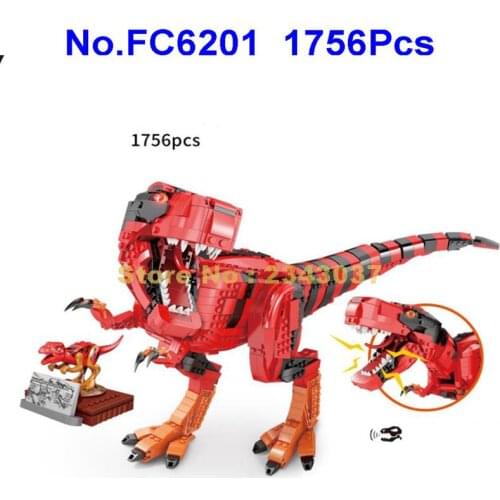 Fc6201 1756pcs Jurassic Dinosaurs Tyrannosaurus Rex T-rex Simulation Sound Building Block Toy