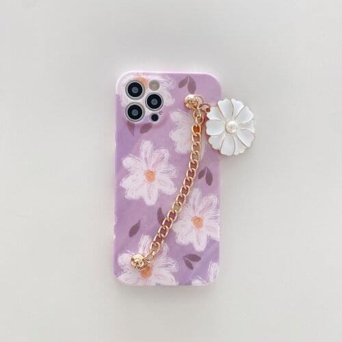 Purple Flower Dangle Wrist Chain Case for iPhone 12 Pro Max Back Phone Cover for 12 Mini 11 Pro Max X XS XR 8 7 Plus SE 2020