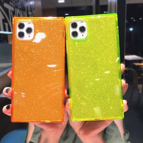 Beautiful Square Fluorescent Color Glitter Phone Case For iphone 11 Pro Max SE X XS Max XR 6 7 8 Plus Transparent Soft TPU Cover