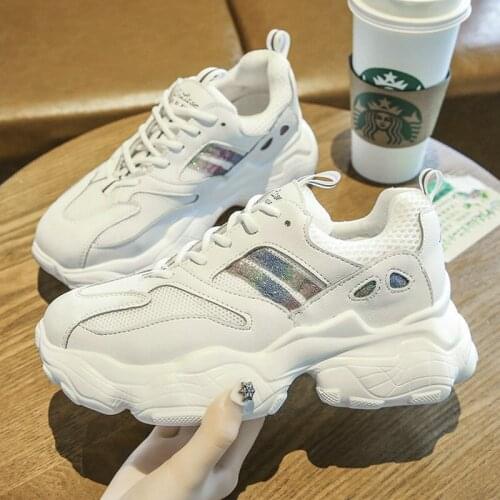 New Women Chunky Sneakers Lace-up Flat Casual Shoes with Platform white Color Breathable Adult Ladies Tenis Footwear A64-15
