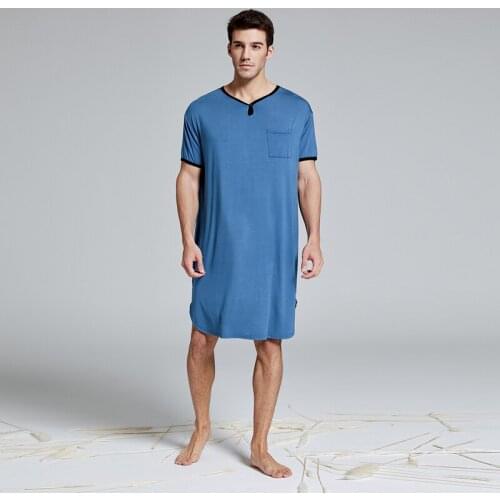 Mens Short-sleeved Cotton Pajamas Round Neck Pockets Solid Color Four-color Pajamas Mens Bathrobe Home Service S-3XL