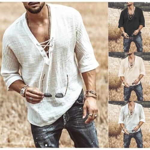 Renaissance Viking Pirate Medieval Cosplay Halloween Costume Men Male V Neck Lace Up Vintage Shirt Half Sleeve Linen Blouse Top