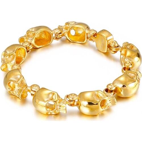 Mens Gold Stainless Steel Large Biker Skull Link Chain Bracelet Shiny Gothic Hip-Hop High Polished Jewelry Bangle For Gifts