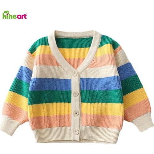 Hiheart Autumn Girls Sweater V Neck Long Sleeve Cotton Baby Cardigan Kids Clothes Outerwear 2-8 Years